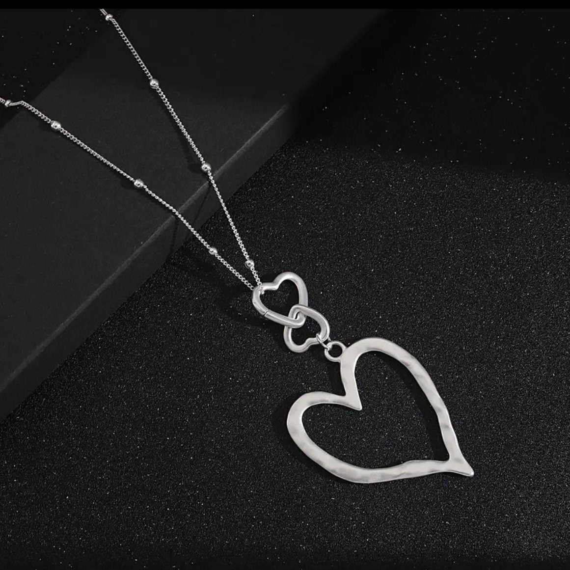 Long Sweater Chain Triple Heart Pendant Necklace Available in Silver or Gold Colours