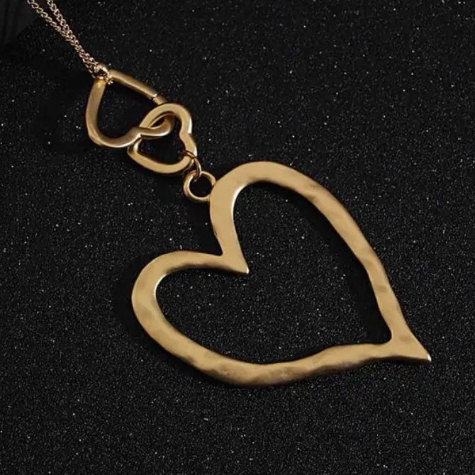 Long Sweater Chain Triple Heart Pendant Necklace Available in Silver or Gold Colours