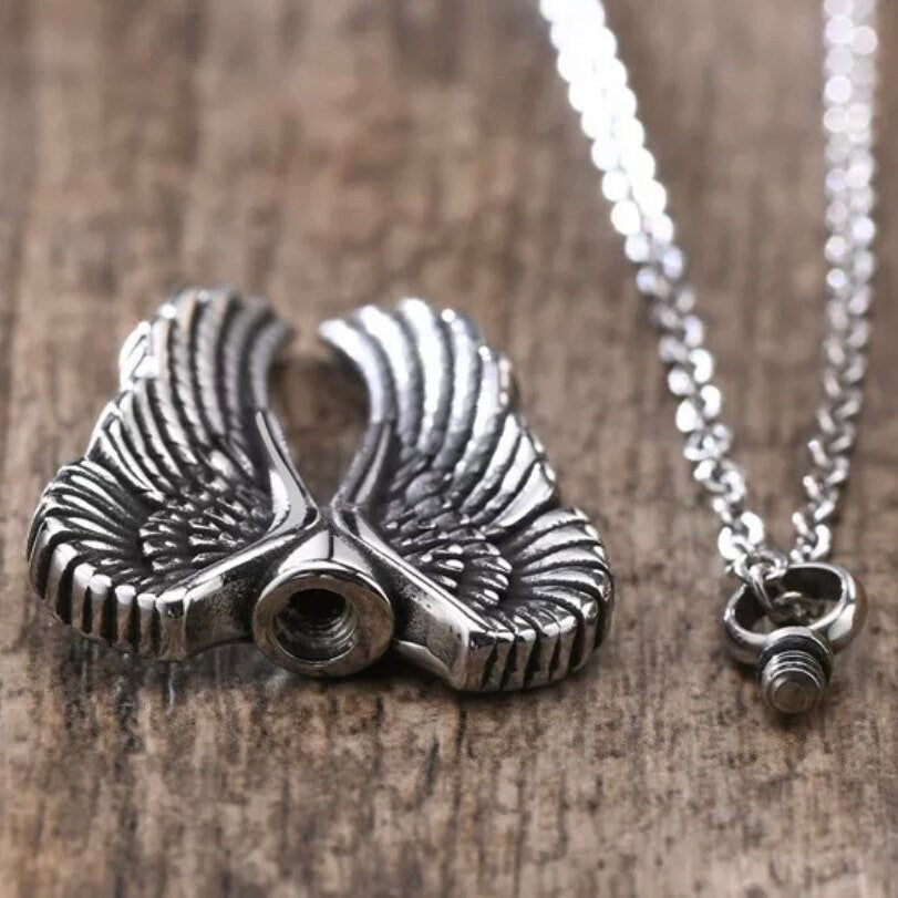 Vintage Silver Colour Angel Wing Stainless Steel Metal Urn Ashes Holder Memorial Pendant Necklace