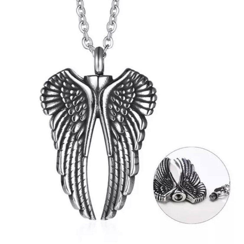 Vintage Silver Colour Angel Wing Stainless Steel Metal Urn Ashes Holder Memorial Pendant Necklace