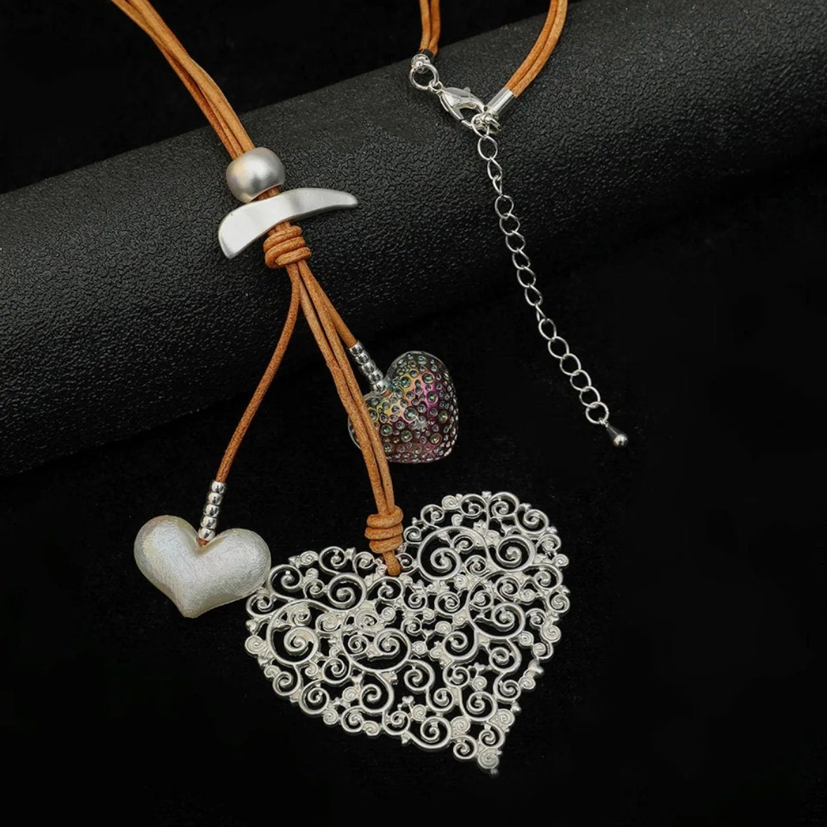 Double Brown Leather Long Chain Suspension Metal Multi Love Heart Pendant Necklace