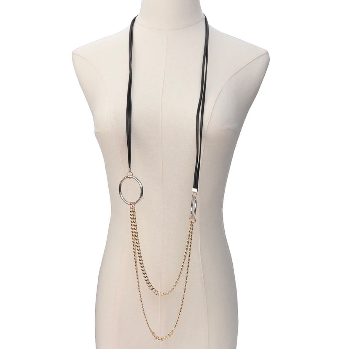 Black Double Leather Cord Rope Long Circular Pendant Chain Necklace