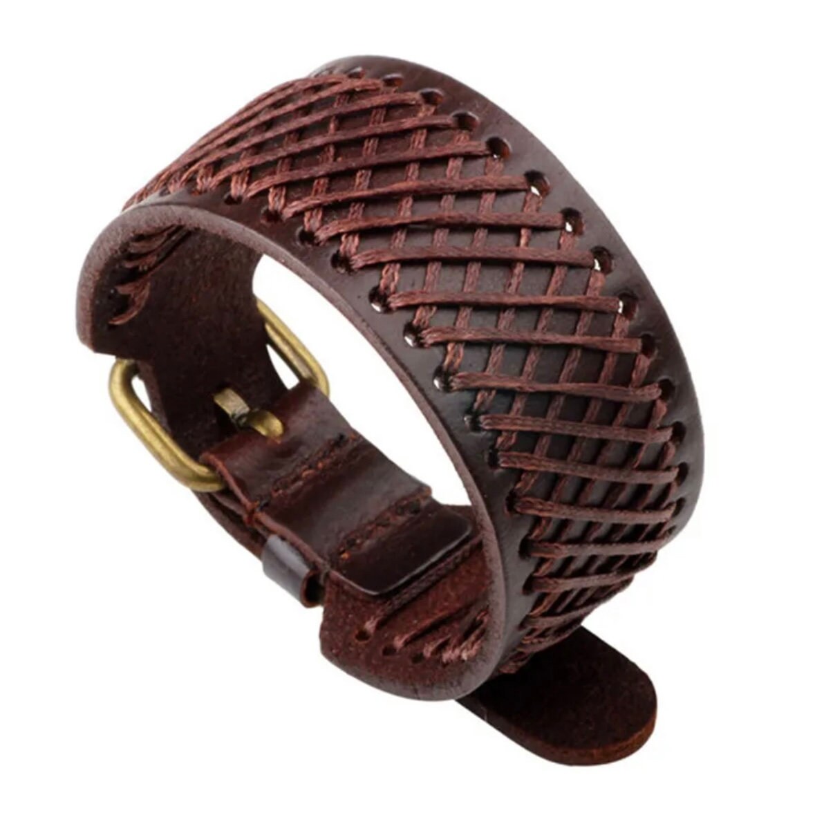 Leather Braided Punk Wide Cuff Bracelet Bangle Available in Black Brown & Orange