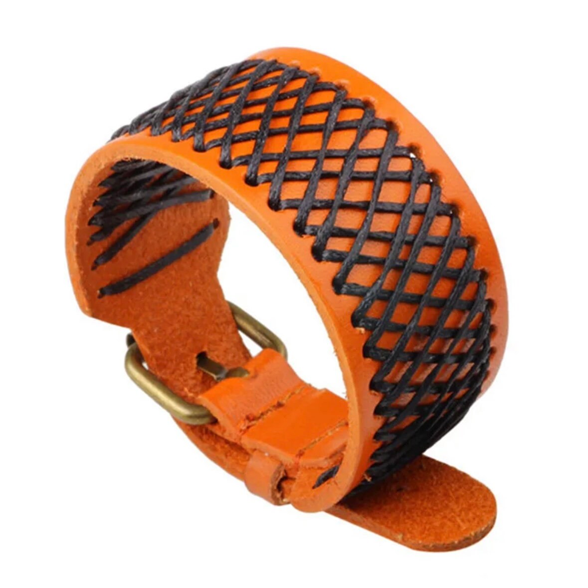 Leather Braided Punk Wide Cuff Bracelet Bangle Available in Black Brown & Orange