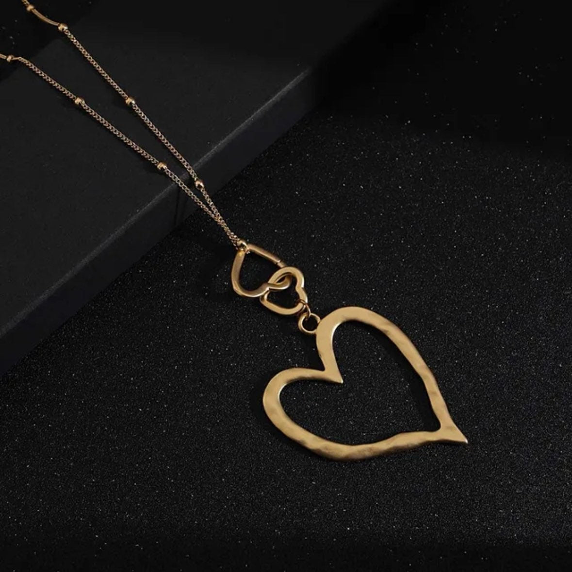 Long Sweater Chain Triple Heart Pendant Necklace Available in Silver or Gold Colours