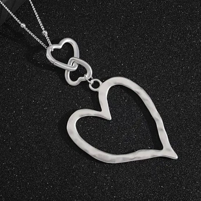 Long Sweater Chain Triple Heart Pendant Necklace Available in Silver or Gold Colours