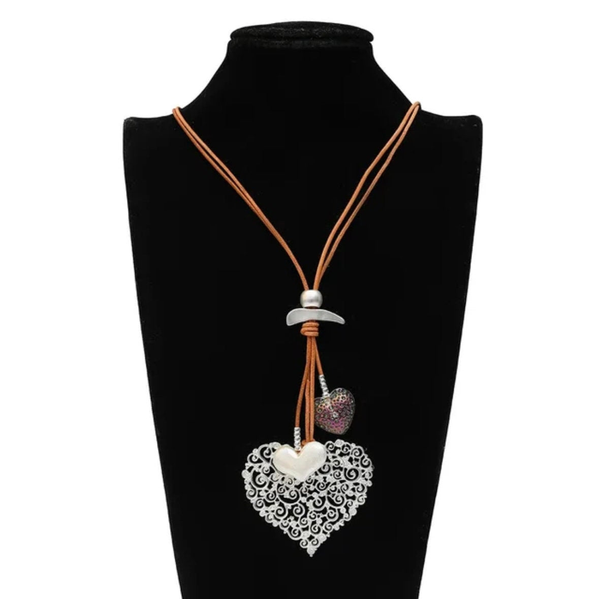 Double Brown Leather Long Chain Suspension Metal Multi Love Heart Pendant Necklace