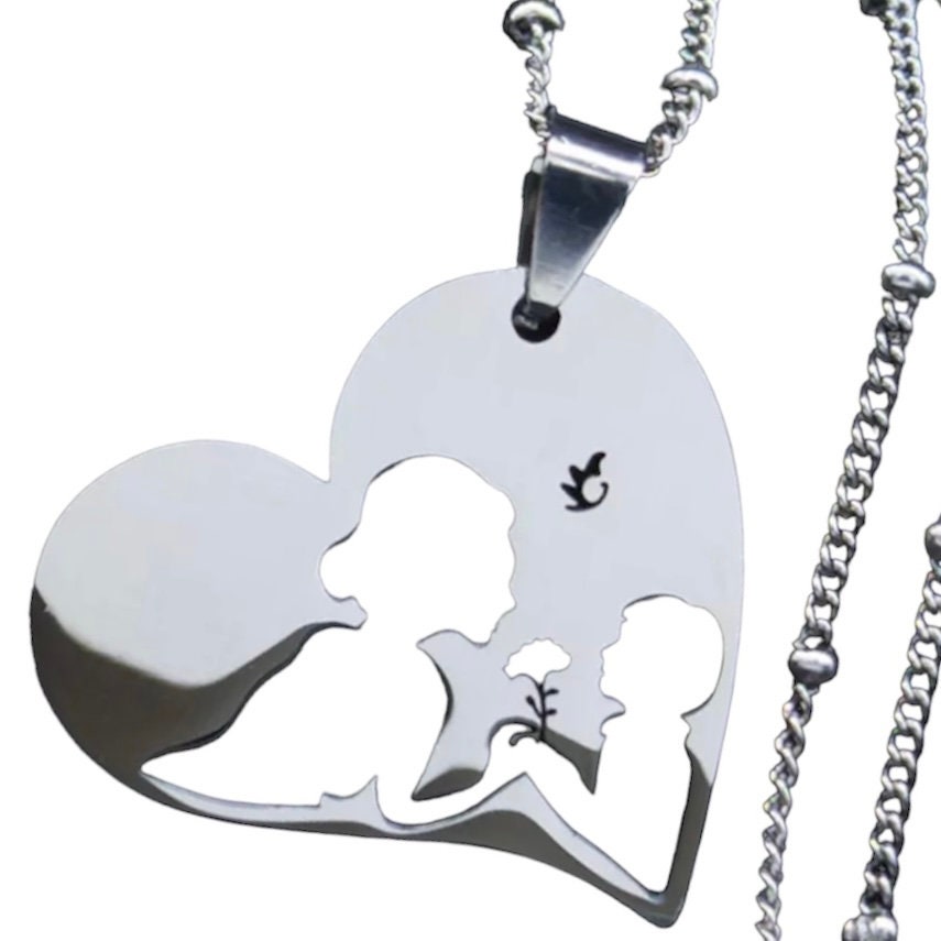 Mother Baby Child Stainless Steel Heart Flower Pendant Necklace Available in Silver or Gold Colours