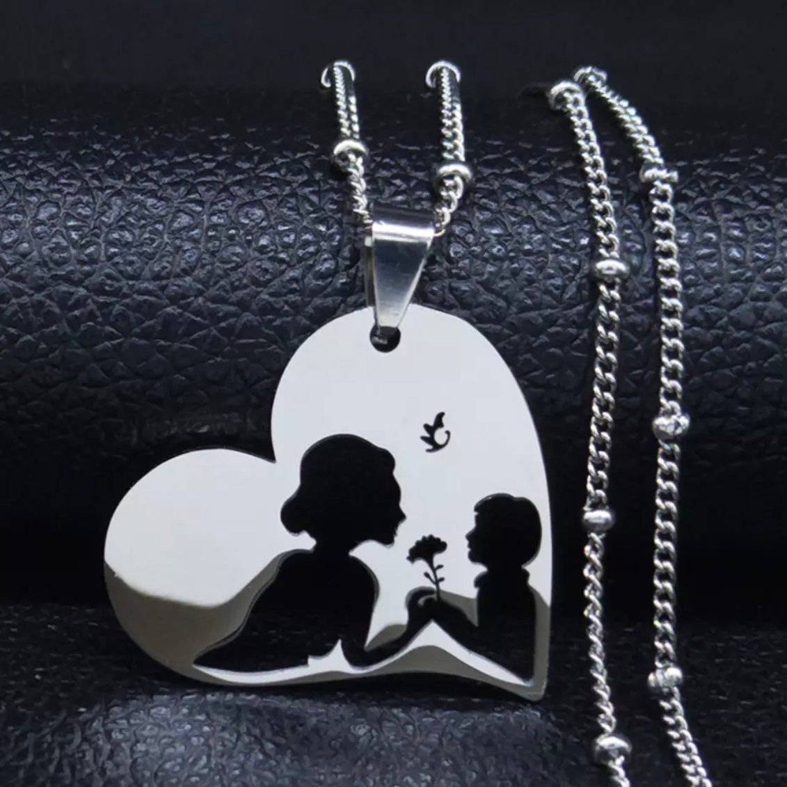 Mother Baby Child Stainless Steel Heart Flower Pendant Necklace Available in Silver or Gold Colours