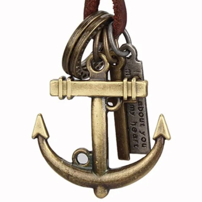 Anchor Sea Punk Rock Pendant with Brown Leather Adjustable Necklace