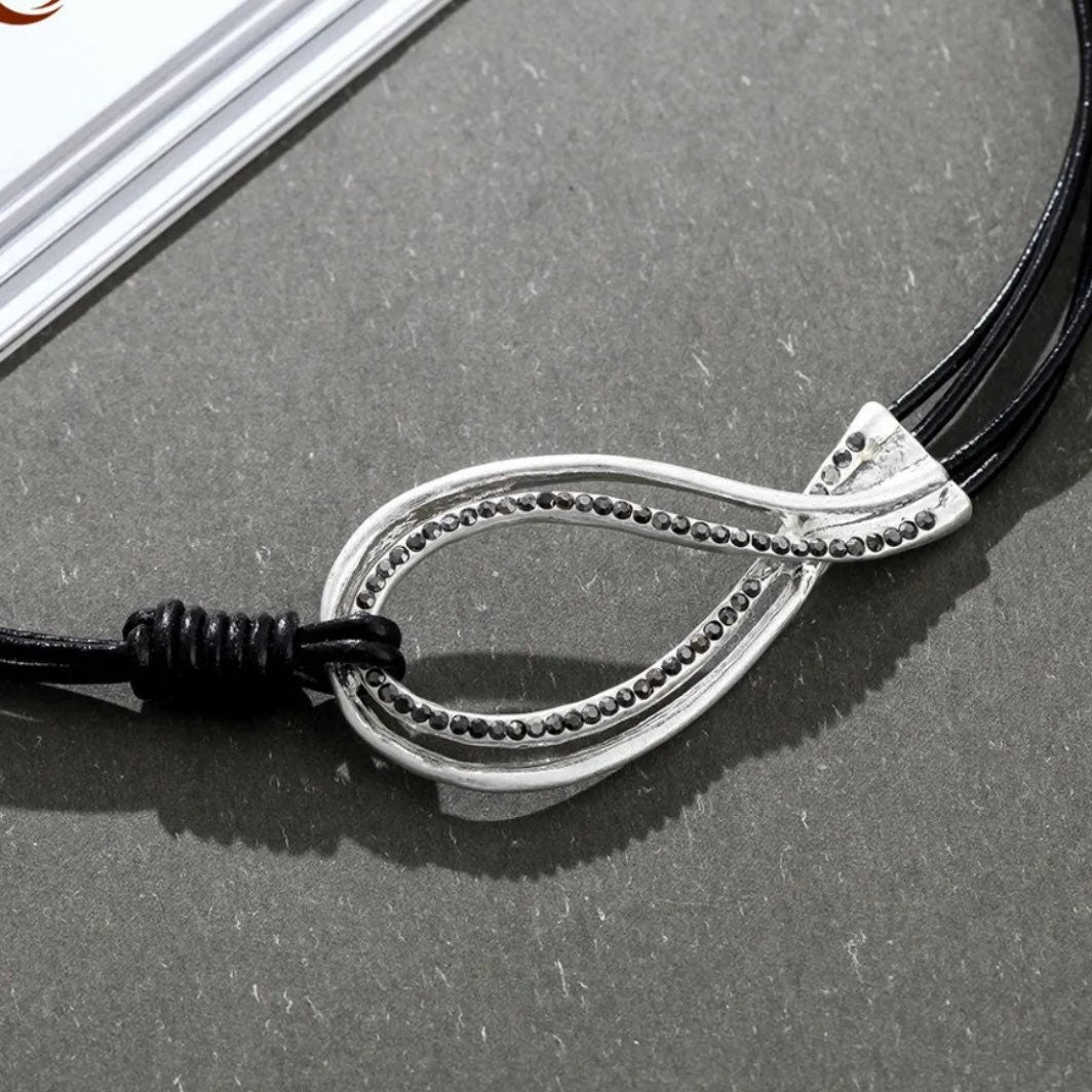 Silver Colour Goth Punk Pendant Choker Collar Black Rope Necklace