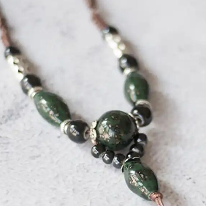 Green and Black Ceramic Vintage Style Brown Multi Layered Adjustable Necklace