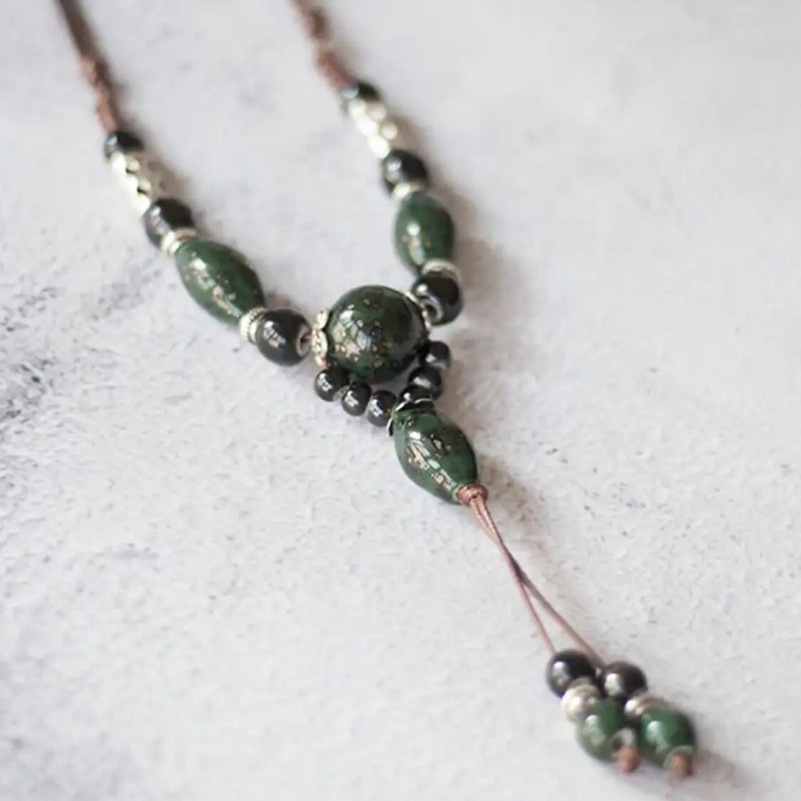 Green and Black Ceramic Vintage Style Brown Multi Layered Adjustable Necklace