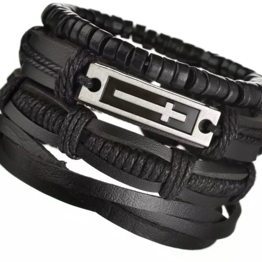 Multi-Layered 4Pcs Braided Wrap Black Leather Bracelet with Cross Charm