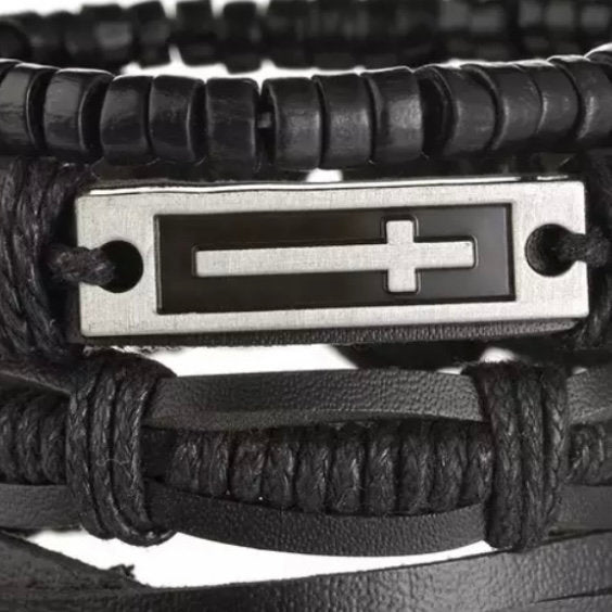 Multi-Layered 4Pcs Braided Wrap Black Leather Bracelet with Cross Charm