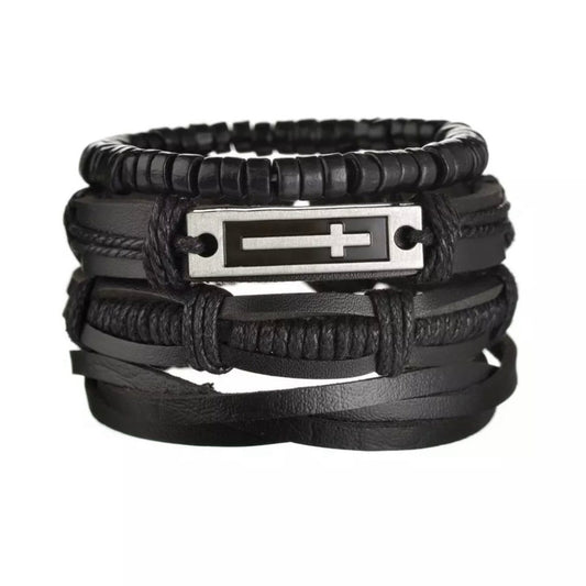 Multi-Layered 4Pcs Braided Wrap Black Leather Bracelet with Cross Charm