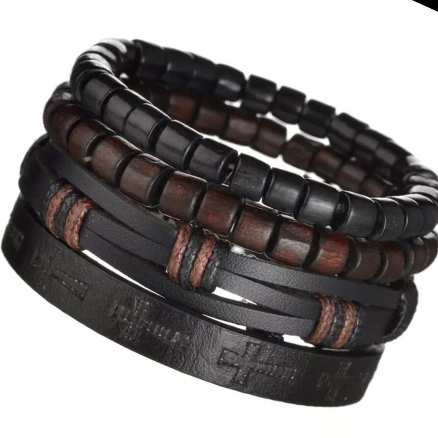 Multi-Layered 4Pcs Braided Wrap Black Leather Cross Bracelet Wrap