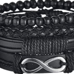 Multi-Layered 4Pcs Braided Wrap Black Leather Bracelet with Silver Infinity Charm