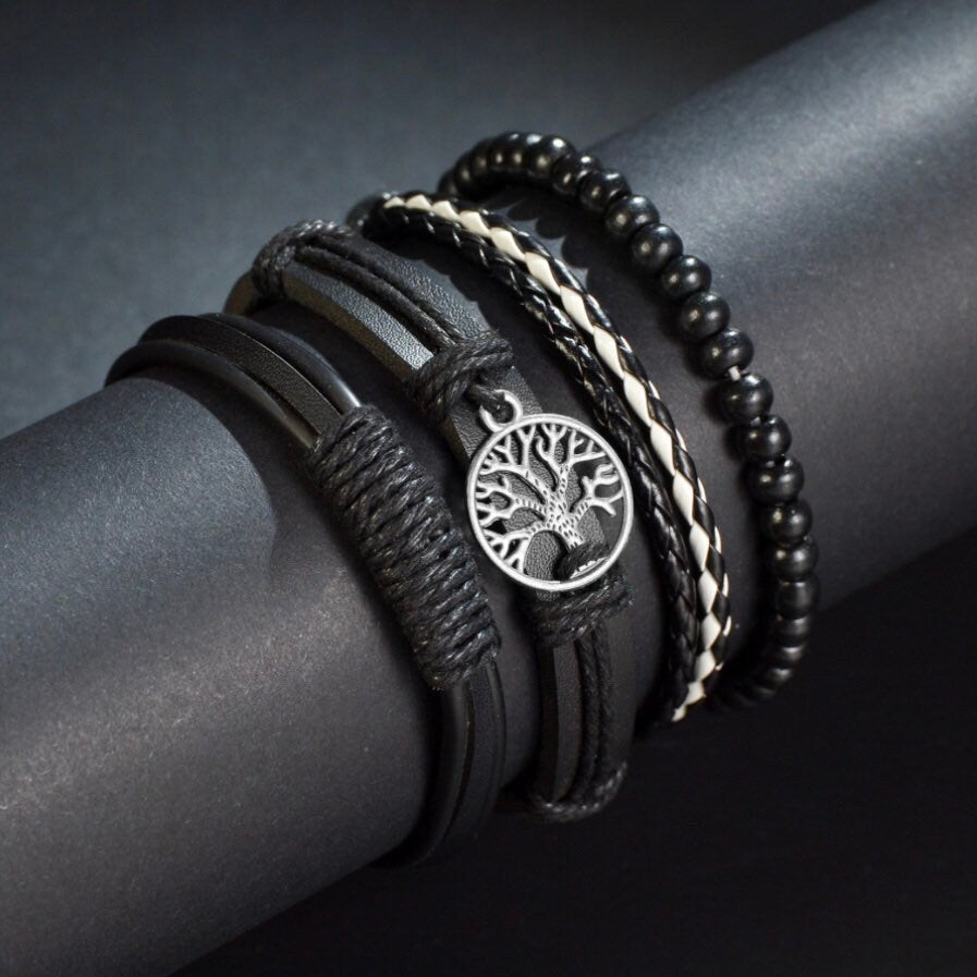 Multi-Layered 4Pcs Braided Beaded Wrap Black Leather Bracelet with Tree of Life Charm