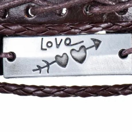 Multi-Layered 3Pcs Braided Wrap Brown Leather Love Heart Charm Bracelet