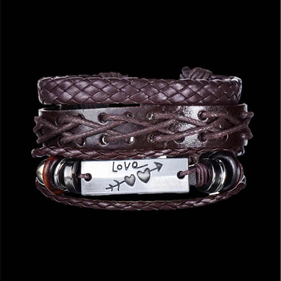 Multi-Layered 3Pcs Braided Wrap Brown Leather Love Heart Charm Bracelet