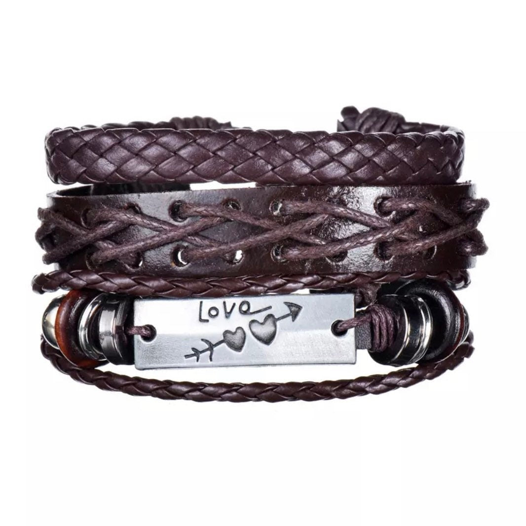 Multi-Layered 3Pcs Braided Wrap Brown Leather Love Heart Charm Bracelet