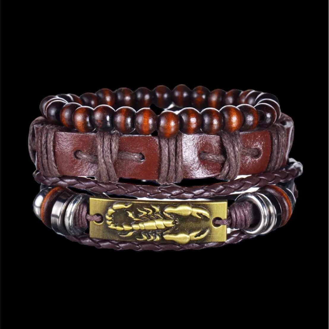 Multi-Layered 3Pcs Braided Wrap Brown Leather Lobster Charm Bracelet