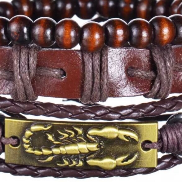 Multi-Layered 3Pcs Braided Wrap Brown Leather Lobster Charm Bracelet