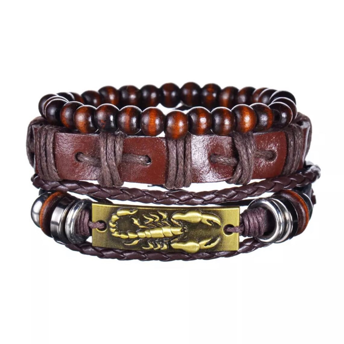 Multi-Layered 3Pcs Braided Wrap Brown Leather Lobster Charm Bracelet