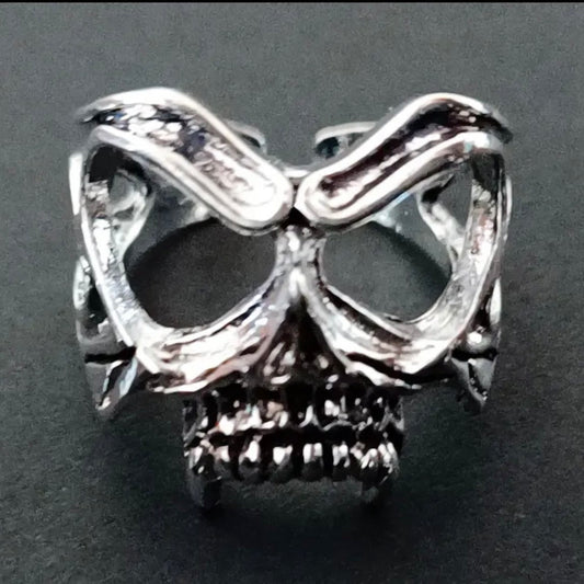 Skeleton Skull Face Eyes Silver Open Adjustable Ring