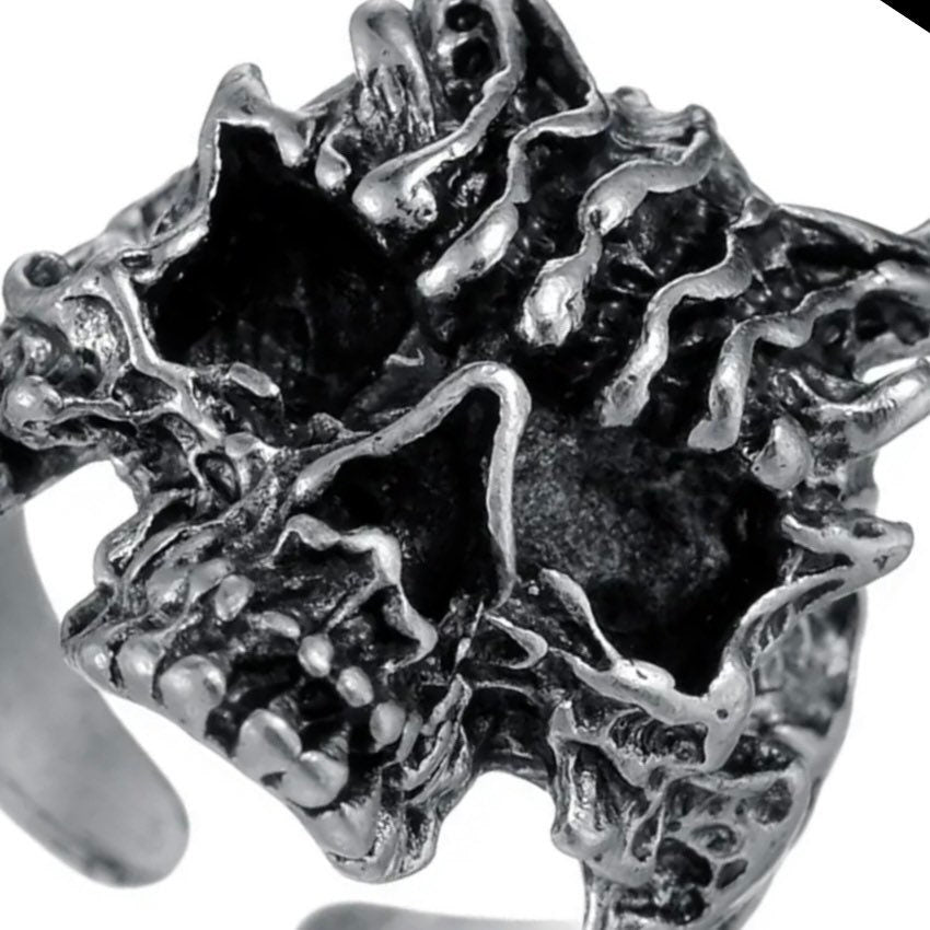 Spooky Silver Wolf Skeleton Skull Open Adjustable Ring