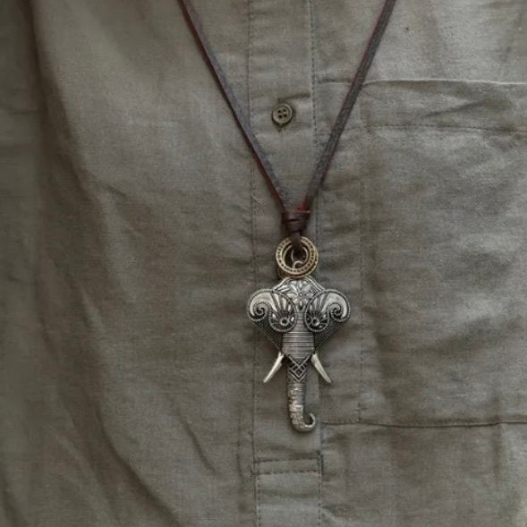 Vintage Large Elephant Pendant on Leather Brown Adjustable Chain Necklace