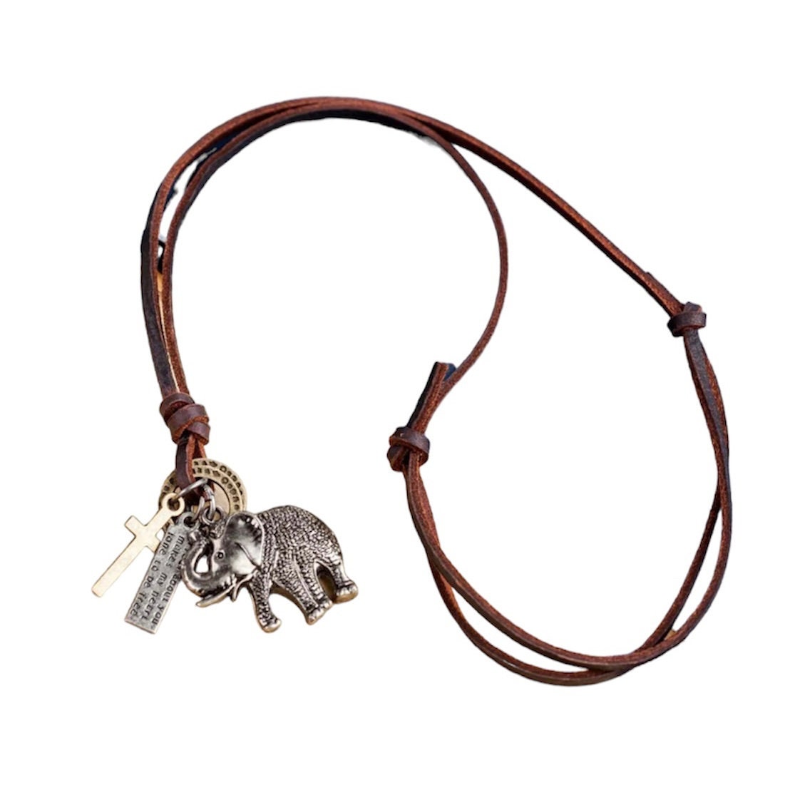 Modern Elephant Pendant with Long Leather Double Brown Necklace