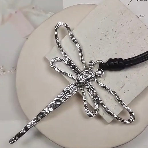 Silver Colour Dragonfly with Moveable Tail Pendant on a Long Black Rope Necklace