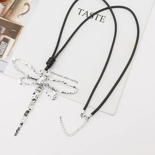 Silver Colour Dragonfly with Moveable Tail Pendant on a Long Black Rope Necklace