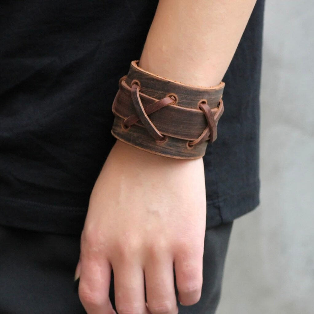 Rock Punk Leather Wide Cuff Bangle Bracelet