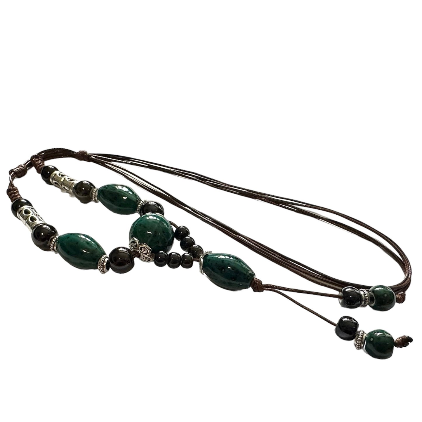 Green and Black Ceramic Vintage Style Brown Multi Layered Adjustable Necklace