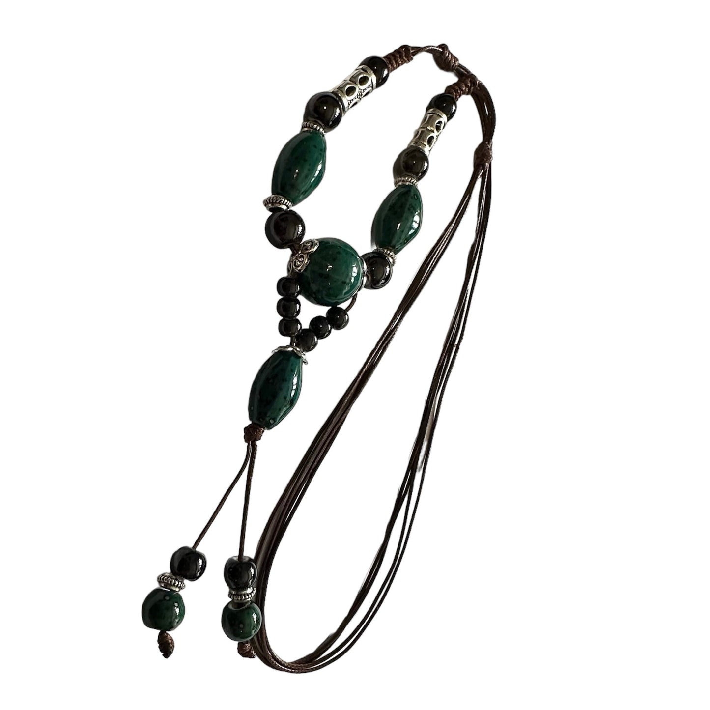 Green and Black Ceramic Vintage Style Brown Multi Layered Adjustable Necklace