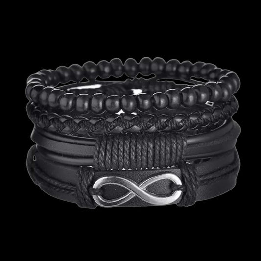 Multi-Layered 4Pcs Braided Wrap Black Leather Bracelet with Silver Infinity Charm