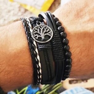 Multi-Layered 4Pcs Braided Beaded Wrap Black Leather Bracelet with Tree of Life Charm