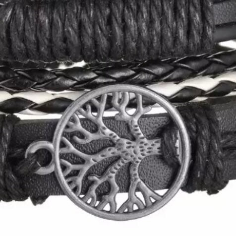 Multi-Layered 4Pcs Braided Beaded Wrap Black Leather Bracelet with Tree of Life Charm