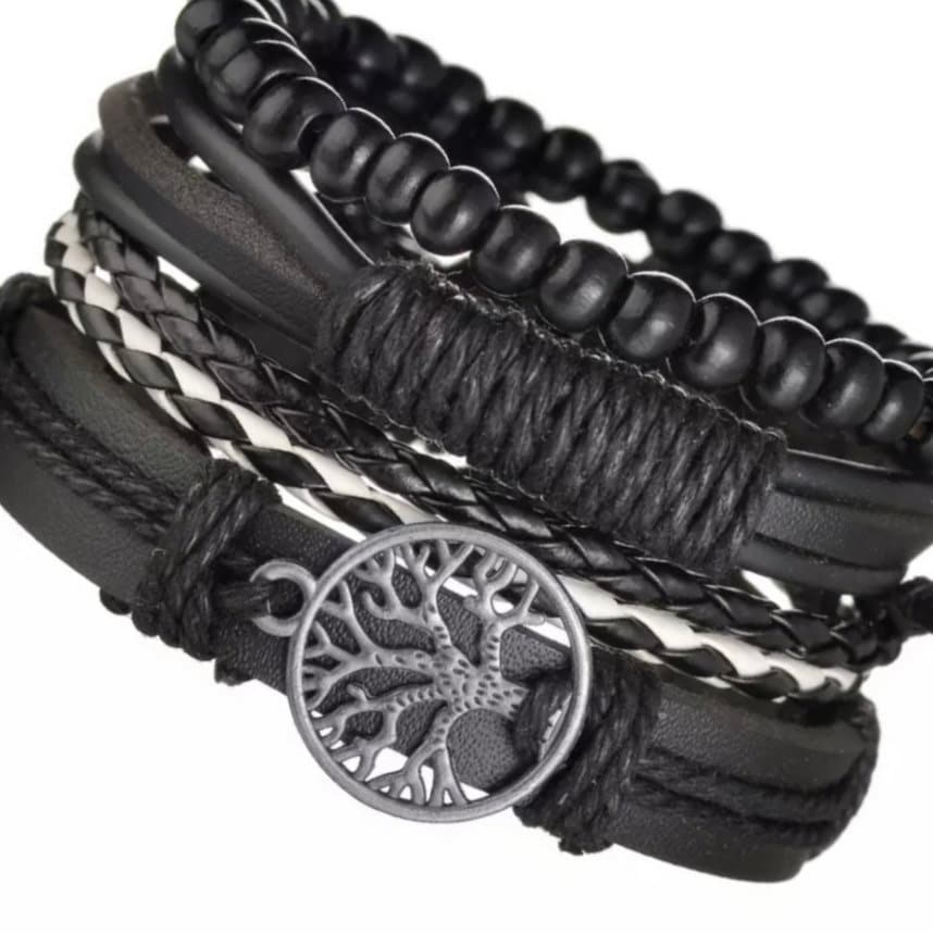 Multi-Layered 4Pcs Braided Beaded Wrap Black Leather Bracelet with Tree of Life Charm