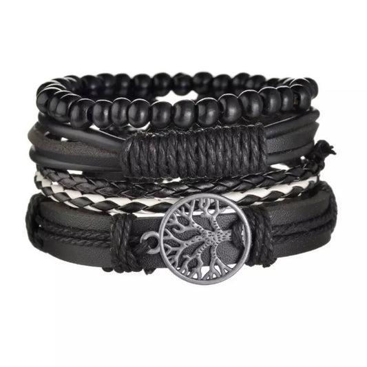 Multi-Layered 4Pcs Braided Beaded Wrap Black Leather Bracelet with Tree of Life Charm