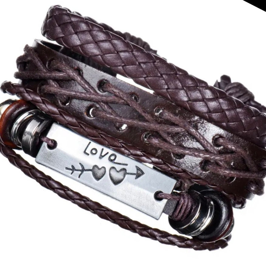 Multi-Layered 3Pcs Braided Wrap Brown Leather Love Heart Charm Bracelet