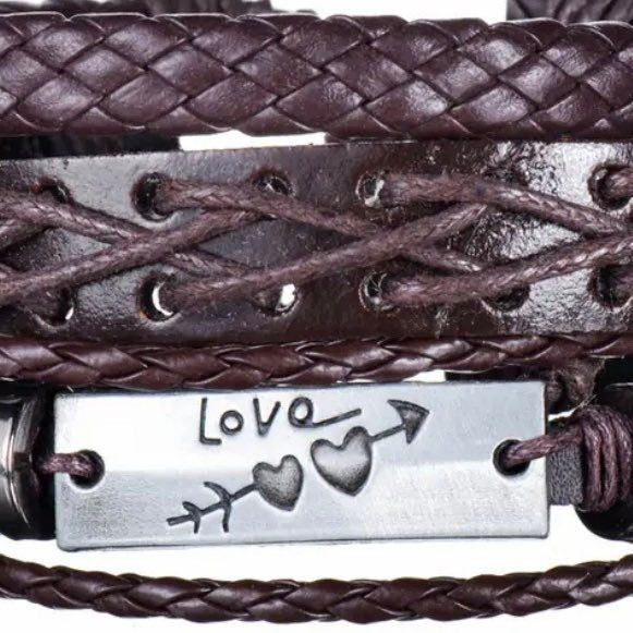 Multi-Layered 3Pcs Braided Wrap Brown Leather Love Heart Charm Bracelet