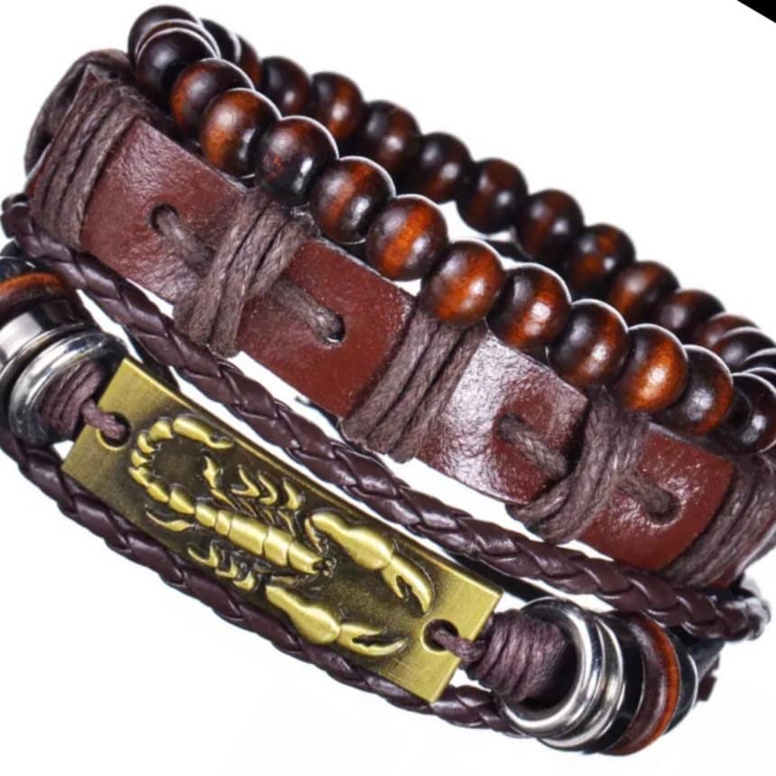 Multi-Layered 3Pcs Braided Wrap Brown Leather Lobster Charm Bracelet