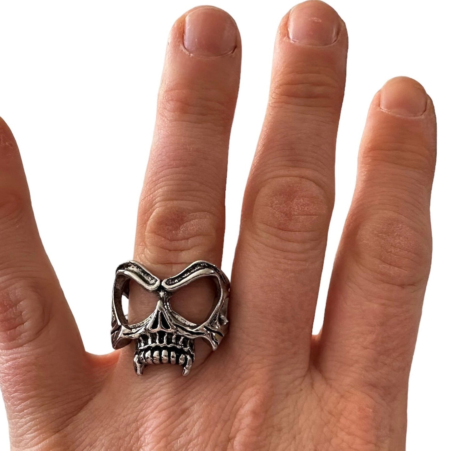 Skeleton Skull Face Eyes Silver Open Adjustable Ring