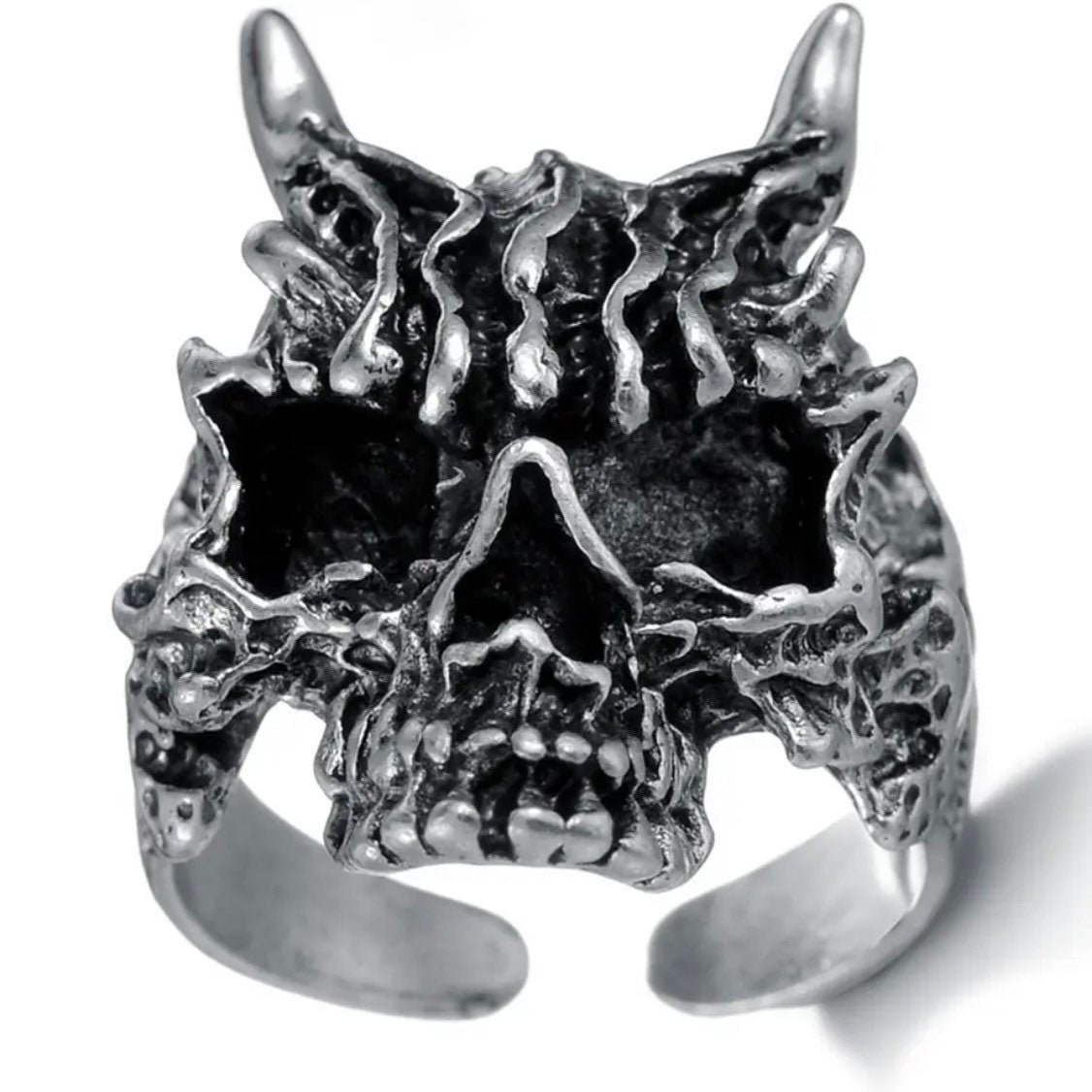 Spooky Silver Wolf Skeleton Skull Open Adjustable Ring