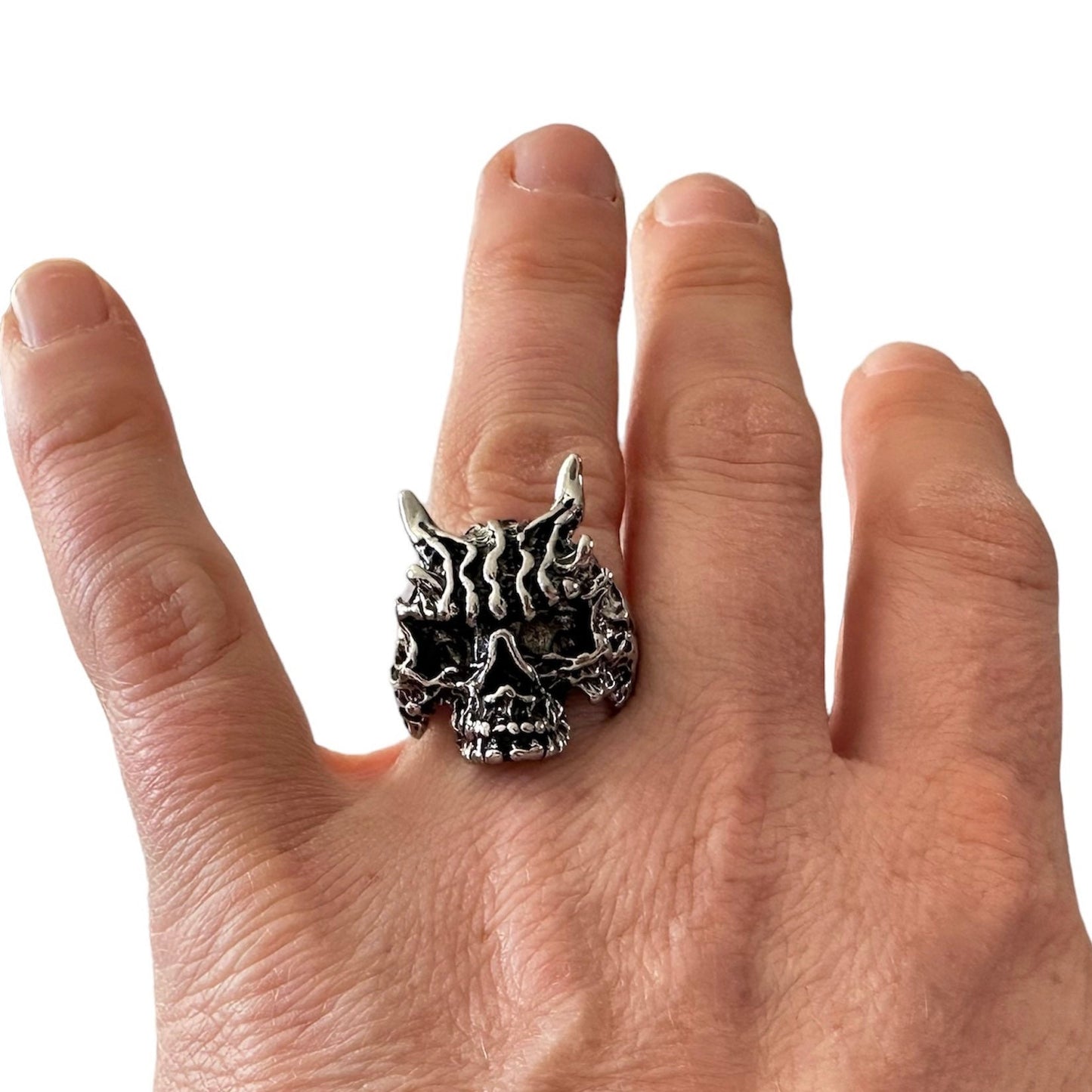 Spooky Silver Wolf Skeleton Skull Open Adjustable Ring