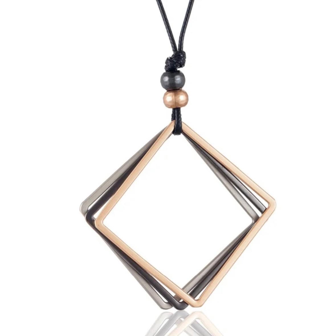 Triple Colour Square Pendant Statement Sweater Rope Chain Necklace